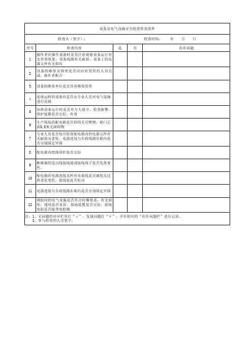 设备及电气设施安全隐患排查清单