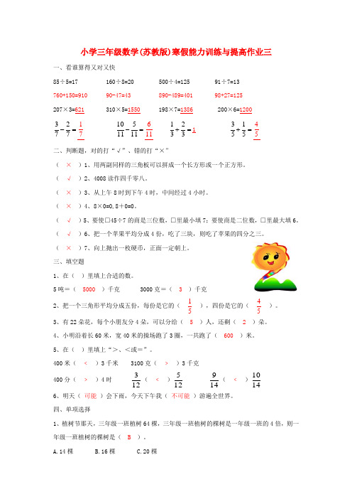 三年级数学寒假能力训练与提高15-3 苏教版