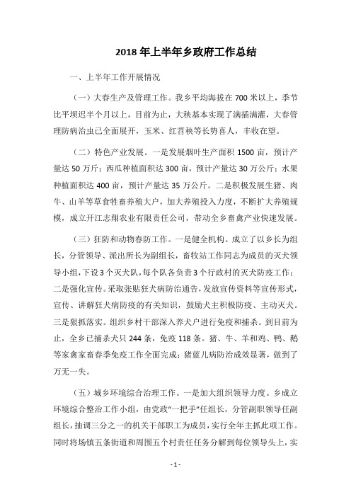 2018年上半年乡政府工作总结