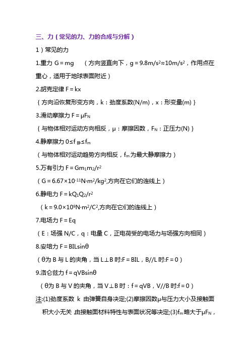 高中物理公式大全3：力(常见的力、力的合成与分解)