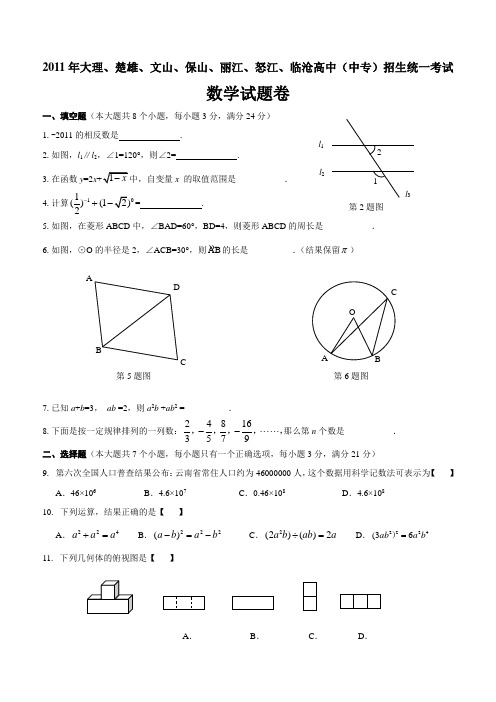 2011云南大理、楚雄、文山、保山、丽江、怒江、临沧中考数学试题(无答案).doc