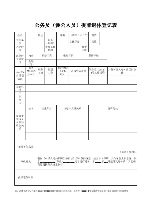 公务员(参公人员)提前退休登记表模版、条件及申报材料