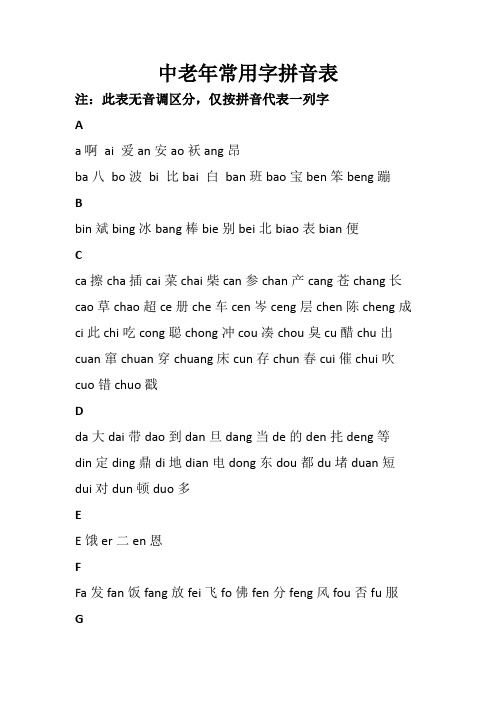 中老年常用字拼音表
