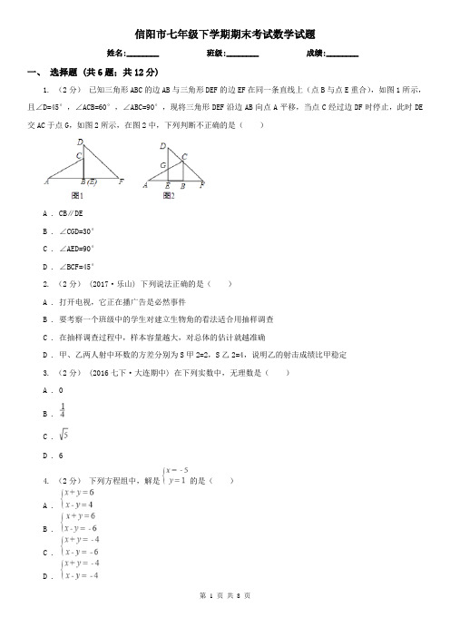 信阳市七年级下学期期末考试数学试题  