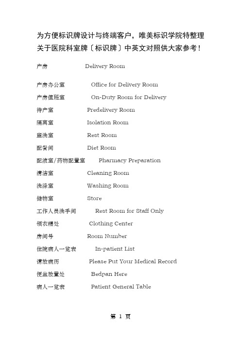 医院科室牌(标识牌)的中英文对照