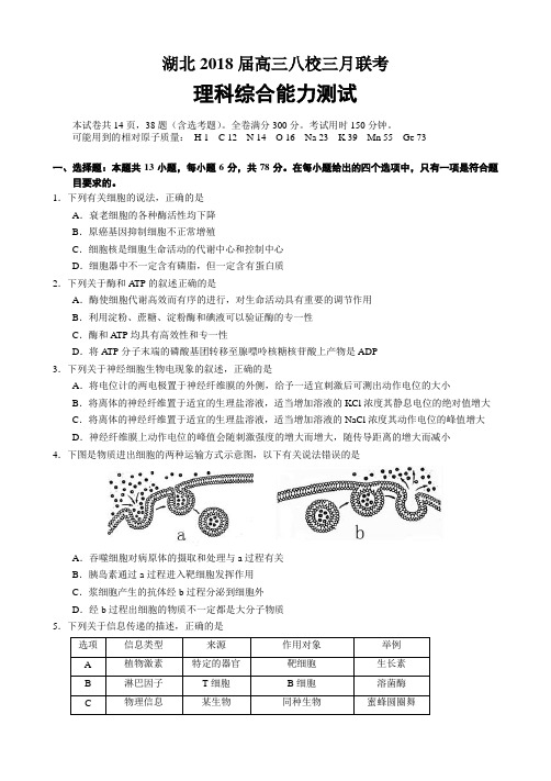湖北2018届高三八校三月联考理综试题(含详解)
