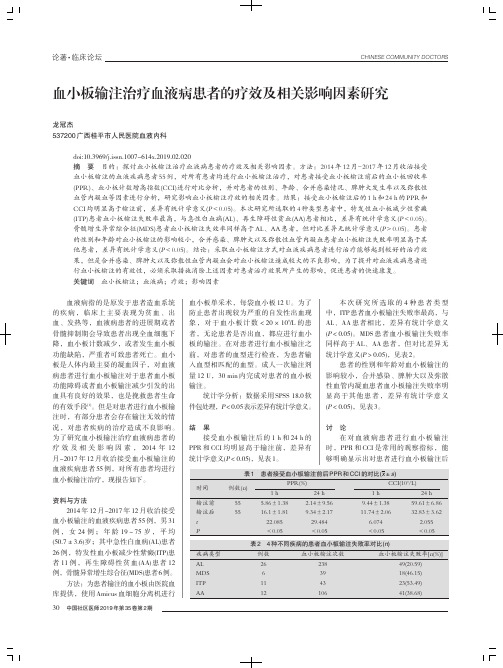 血小板输注治疗血液病患者的疗效及相关影响因素研究