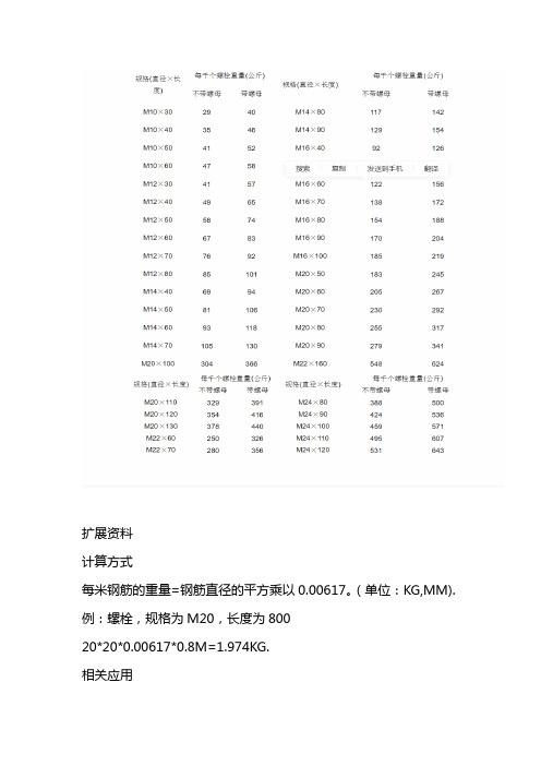 螺栓理论重量表