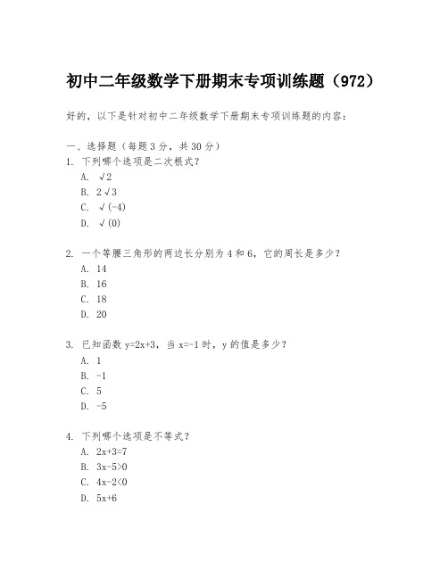 初中二年级数学下册期末专项训练题(972)