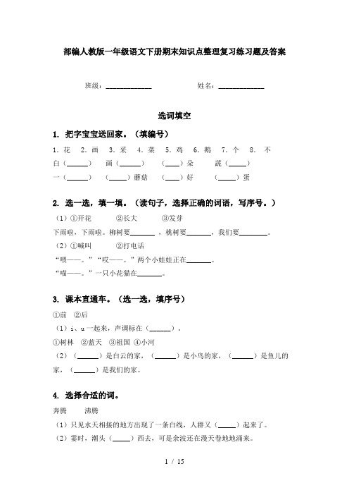 部编人教版一年级语文下册期末知识点整理复习练习题及答案