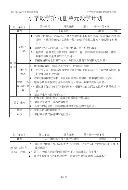小学数学第九册单元教学计划