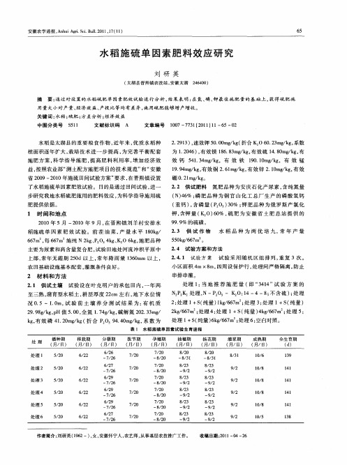 水稻施硫单因素肥料效应研究