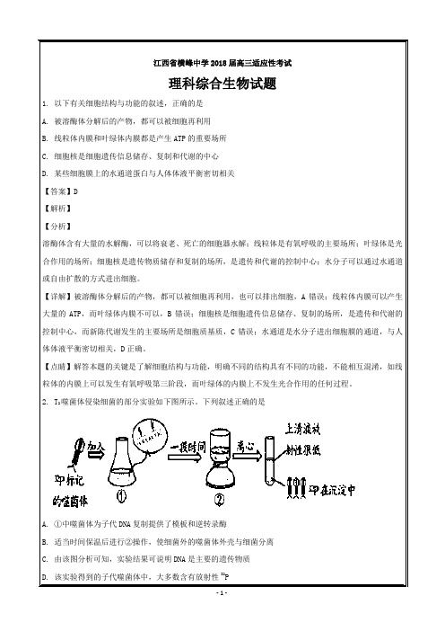 江西省上饶市横峰中学2018届高三高考适应性考试理综生物---精校解析Word版