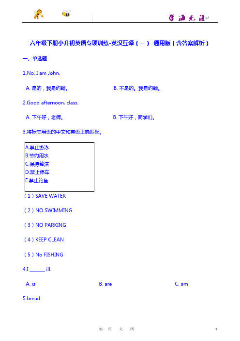 小升初专项训练之英汉互译(一)  (含答案解析)  通用版