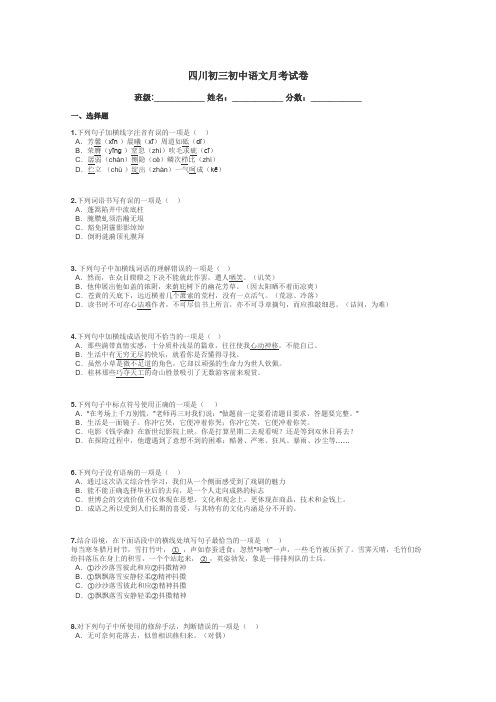 四川初三初中语文月考试卷带答案解析
