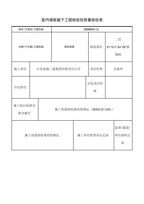 室内墙面腻子工程检验批质量验收表