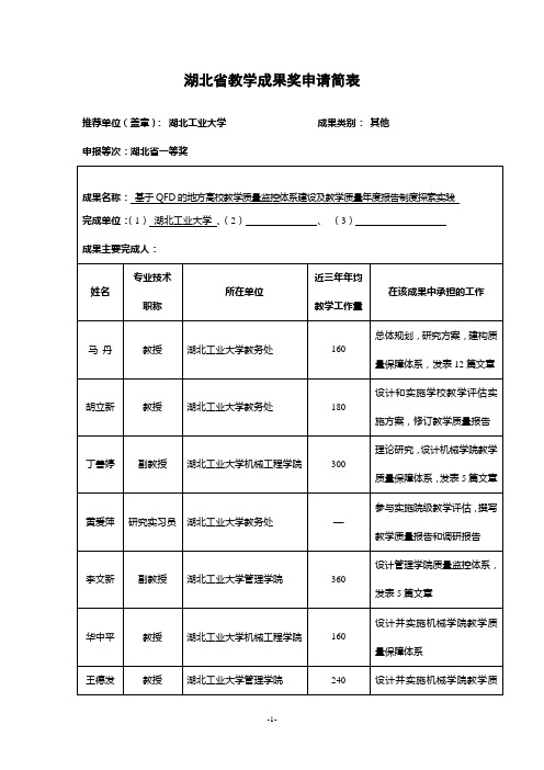 湖北省教学成果奖申请简表