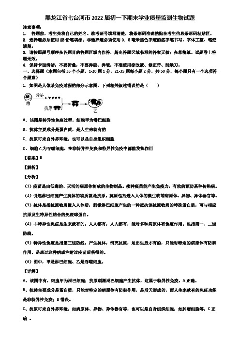黑龙江省七台河市2022届初一下期末学业质量监测生物试题含解析