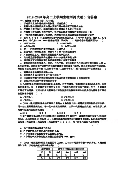 2019-2020年高二上学期生物周测试题3 含答案