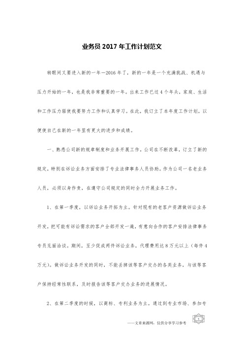 业务员2017年工作计划范文