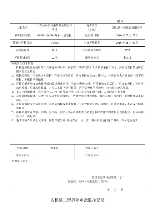 模板工程拆除审批监控记录