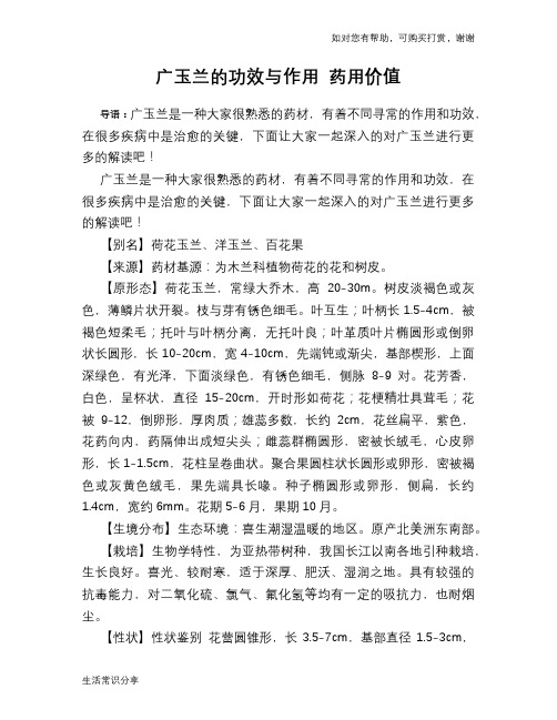 广玉兰的功效与作用 药用价值