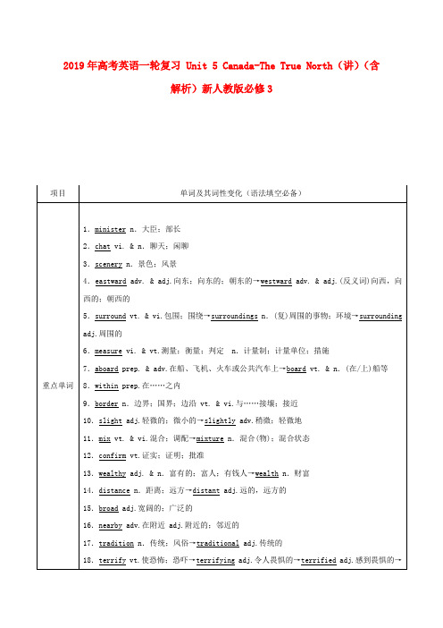 2019年高考英语一轮复习 Unit 5 Canada-The True North(讲)(含解析)新人教版必修3.doc