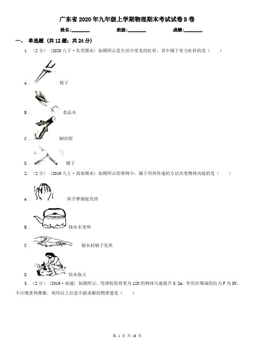 广东省2020年九年级上学期物理期末考试试卷D卷
