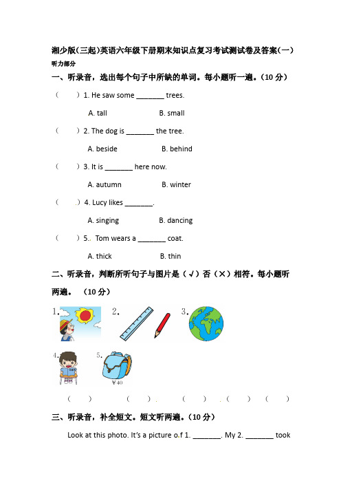 2020湘少版(三起)英语六年级下册期末小升初知识点复习考试测试卷及答案共六套