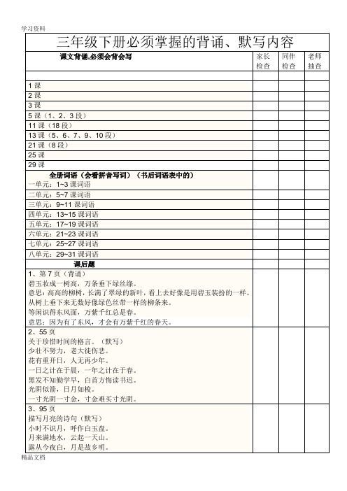 最新三级下册必须掌握的看拼音写词语、背诵、默写内容资料