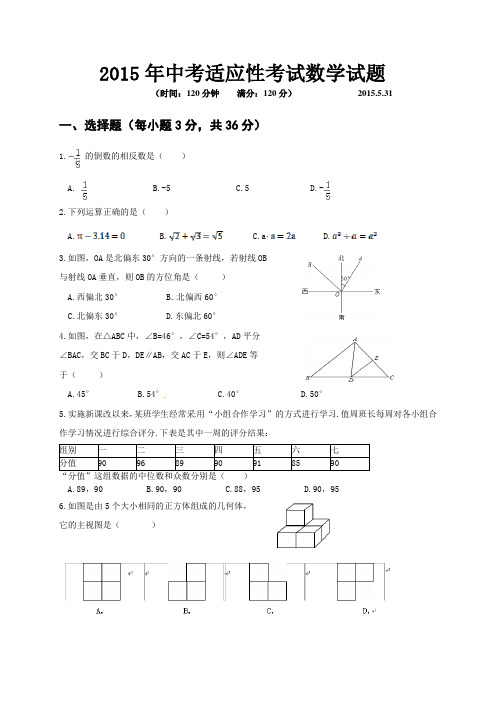 2015年中考适应性检测数学试题及答案