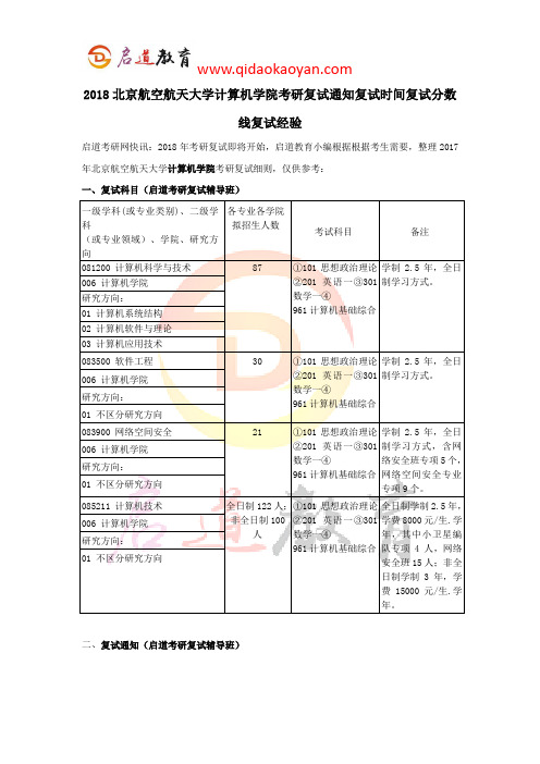 2018北京航空航天大学计算机学院考研复试通知复试时间复试分数线复试经验