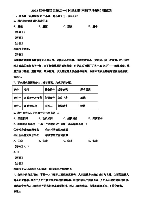 2022届贵州省名校高一(下)地理期末教学质量检测试题含解析