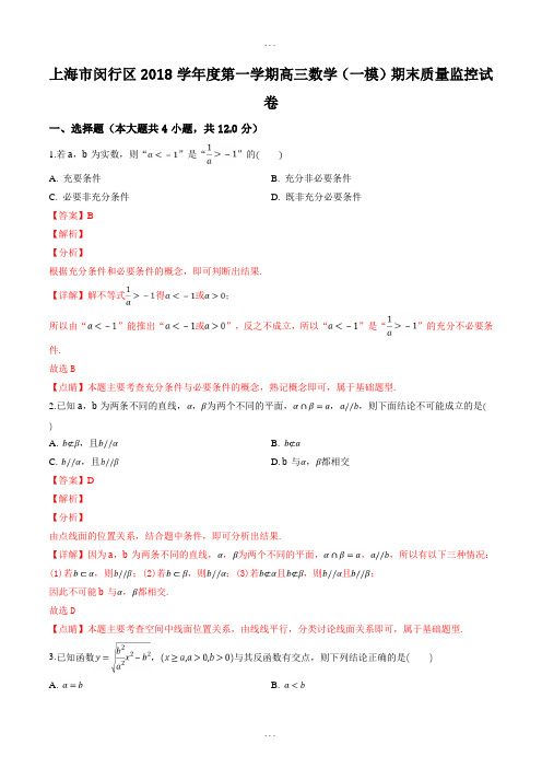 精选上海市闵行区2018学年度第一学期高三数学(一模)期末质量监控试题(精品解析)