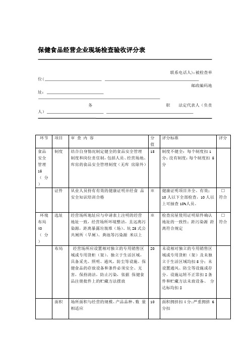 保健食品经营企业现场检查验收评分表