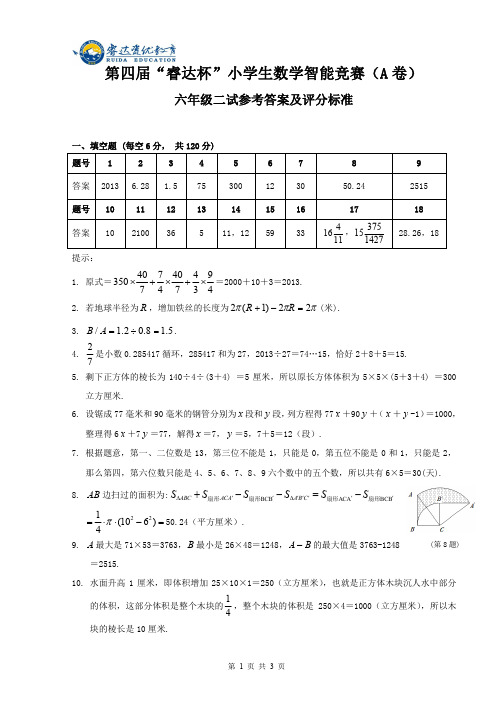 第四届“睿达杯”小学生数学智能竞赛(A卷)六年级答案