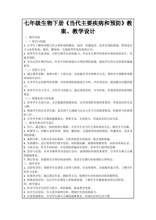 七年级生物下册《当代主要疾病和预防》教案、教学设计