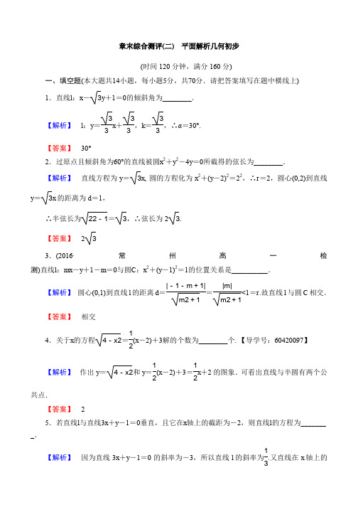 2019-2020学年高中数学苏教版必修2章末综合测评2 Word版含解析