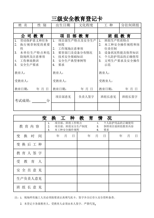 三级安全教育登记卡1