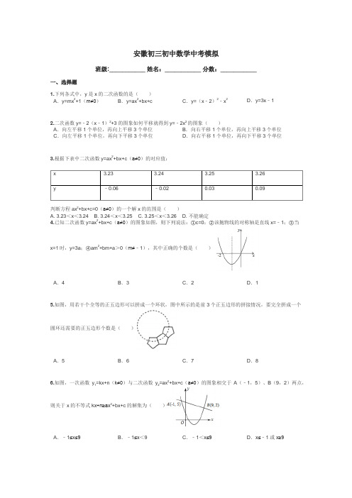 安徽初三初中数学中考模拟带答案解析
