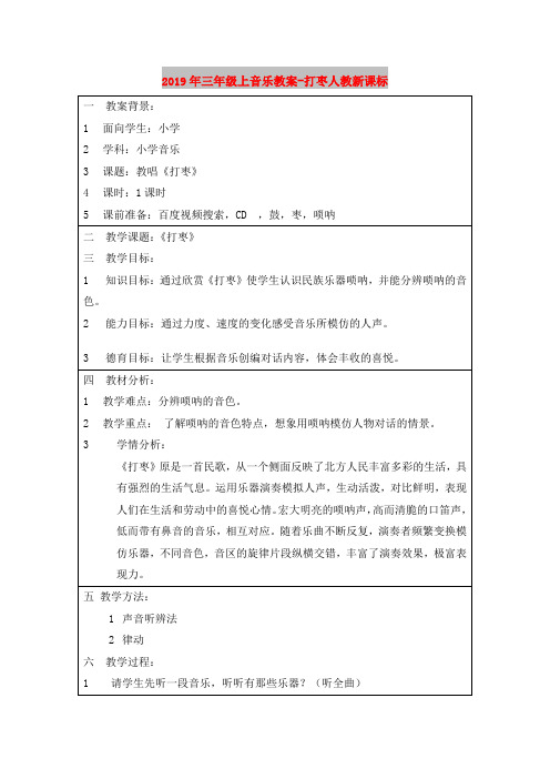 2019年三年级上音乐教案-打枣人教新课标