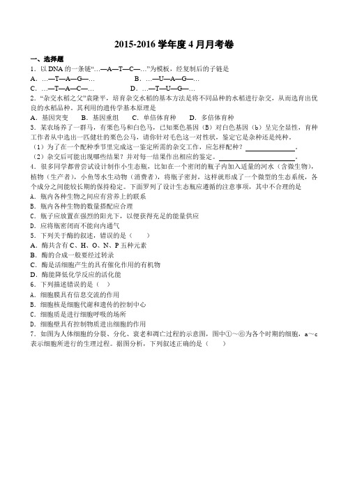 广东省增城市第一中学2016届高三4月月考生物试题(含答案)