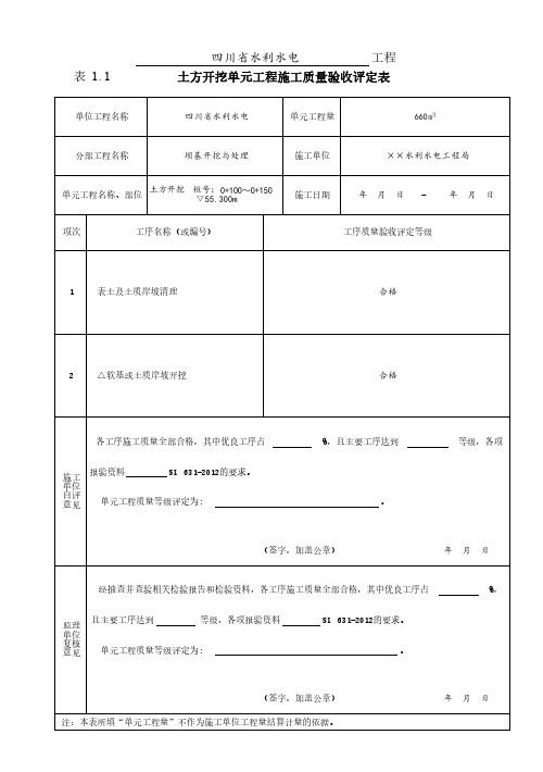 四川水利水电 土方开挖单元工程施工质量验收评定表(范例)