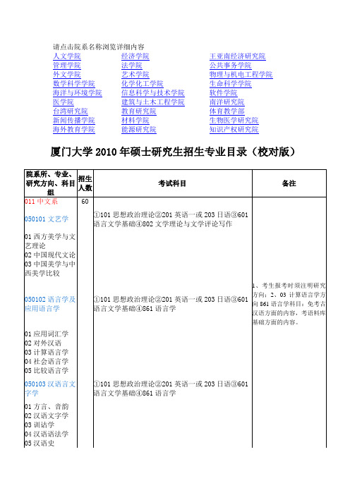 厦门大学2010年硕士研究生招生专业目录(校对版)