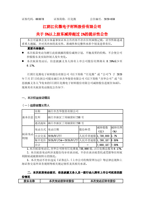 江化微：关于5%以上股东减持超过1%的提示性公告