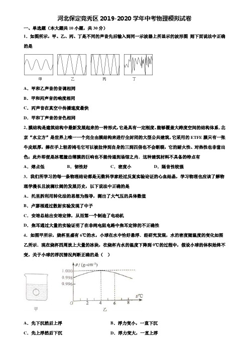 【附15套中考模拟试卷】河北保定竞秀区2019-2020学年中考物理模拟试卷含解析