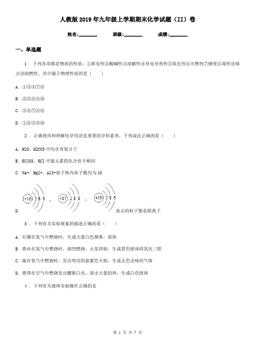 人教版2019年九年级上学期期末化学试题(II)卷精编
