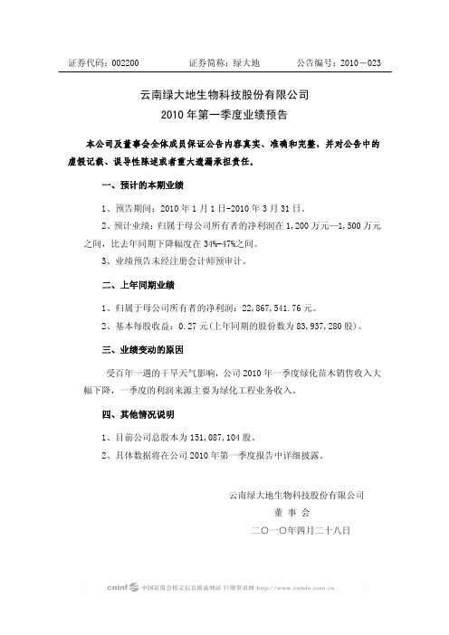 绿 大 地：2010年第一季度业绩预告 2010-04-28