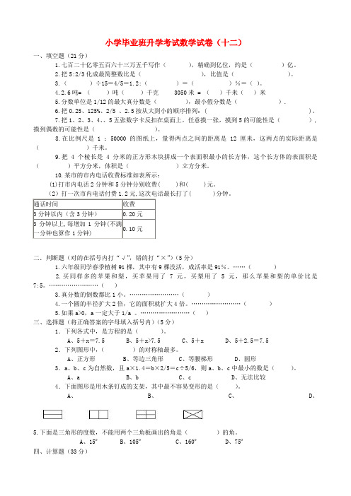 小学数学毕业班升学考试试卷(12)(无答案)