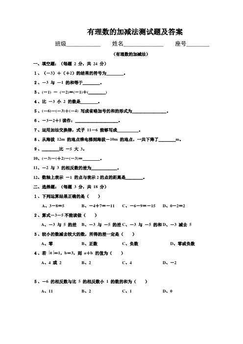 有理数的加减法测试题及答案